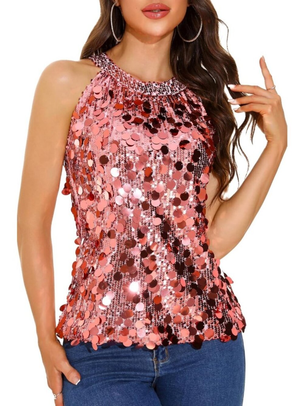 Sparkly Sequin Halter Top for Women | Sleeveless Glitter Tank Blouse